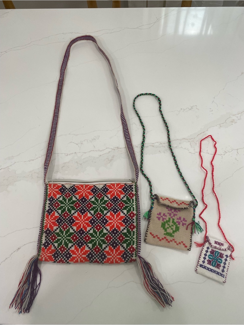 3 Handwoven Embroidered Crossbody Bags in Red, Green & Purple